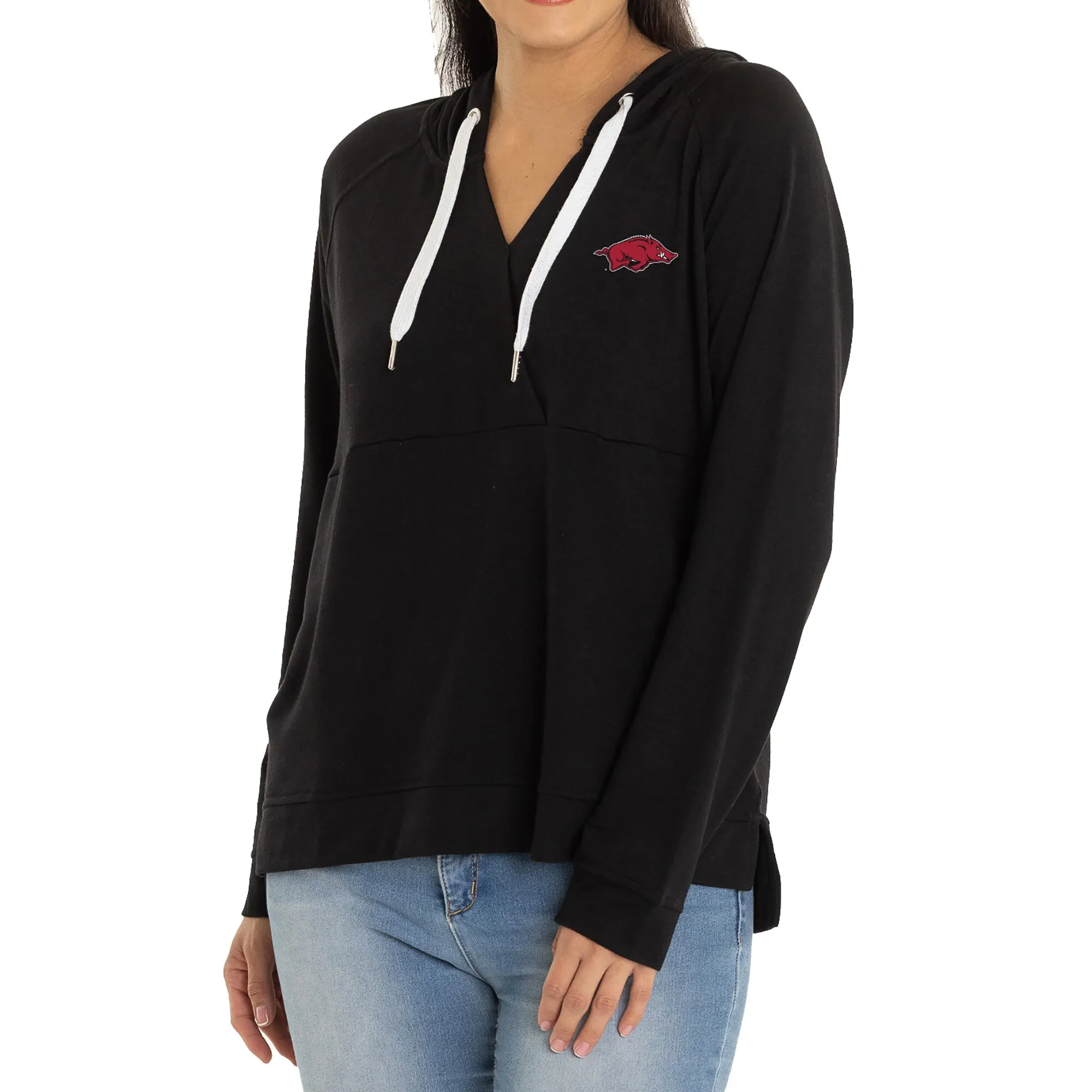 Women's Black Arkansas Razorbacks Christine Cross Front Tri-Blend Pullover Hoodie