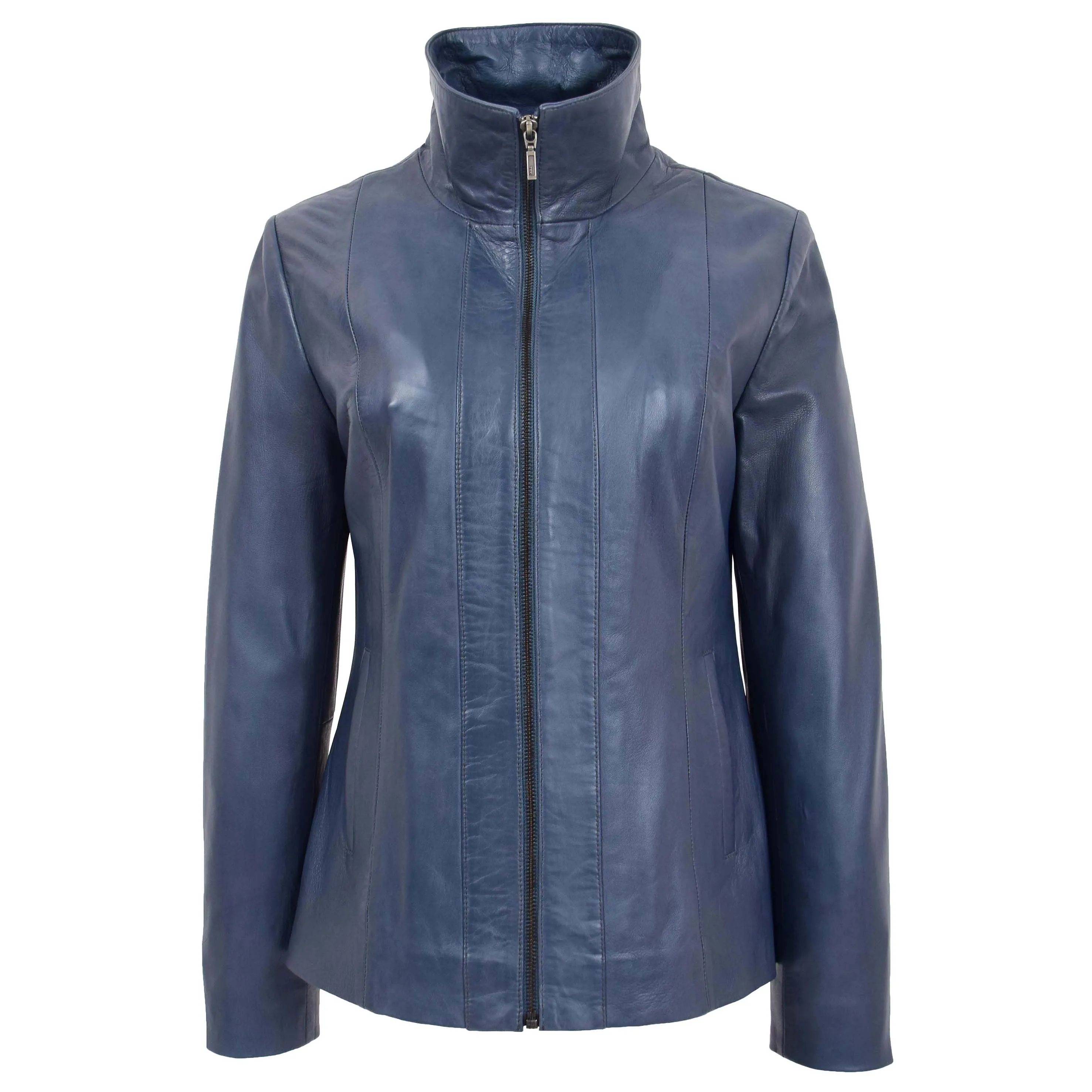 Womens Classic Zip Fastening Leather Jacket Julia Blue