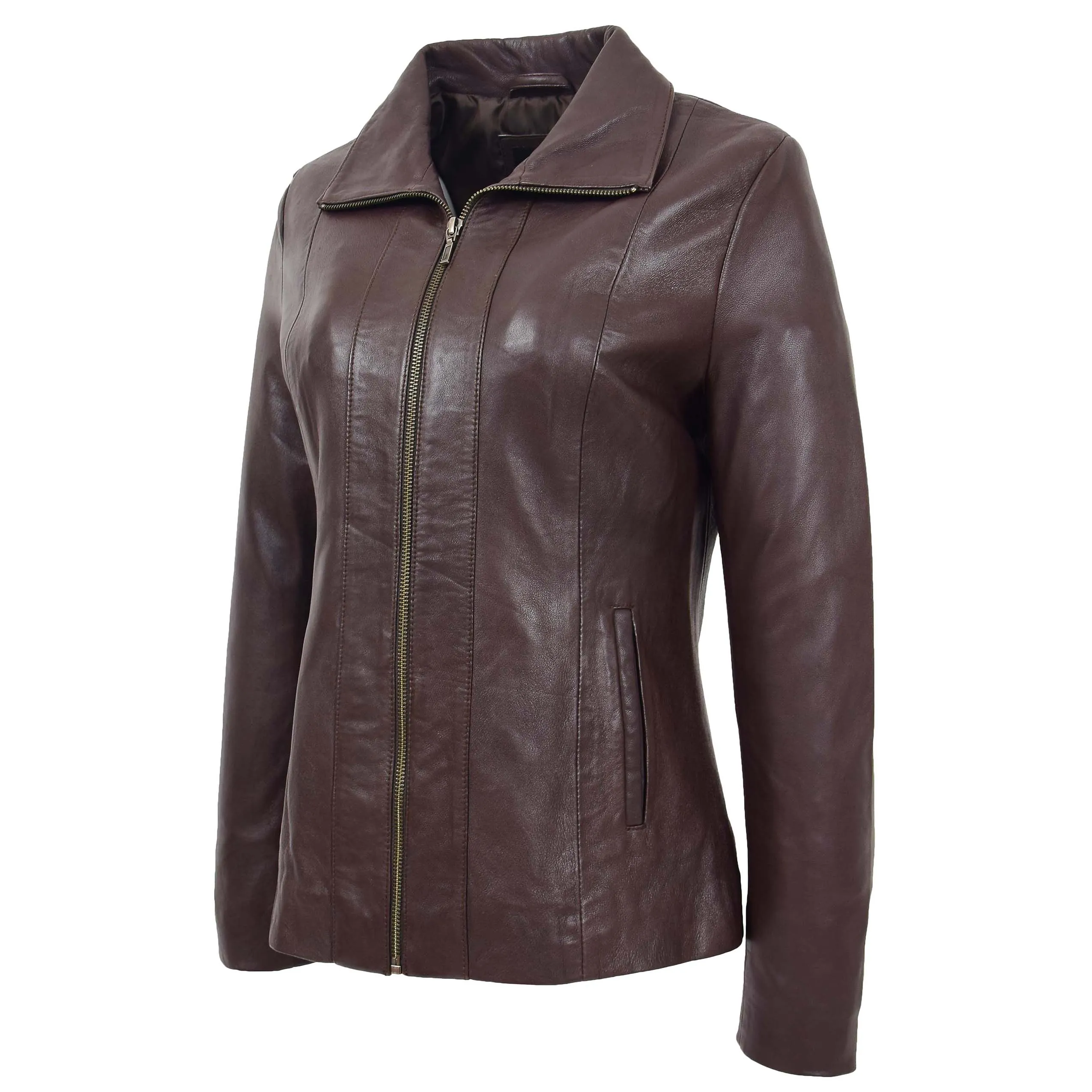 Womens Classic Zip Fastening Leather Jacket Julia Brown