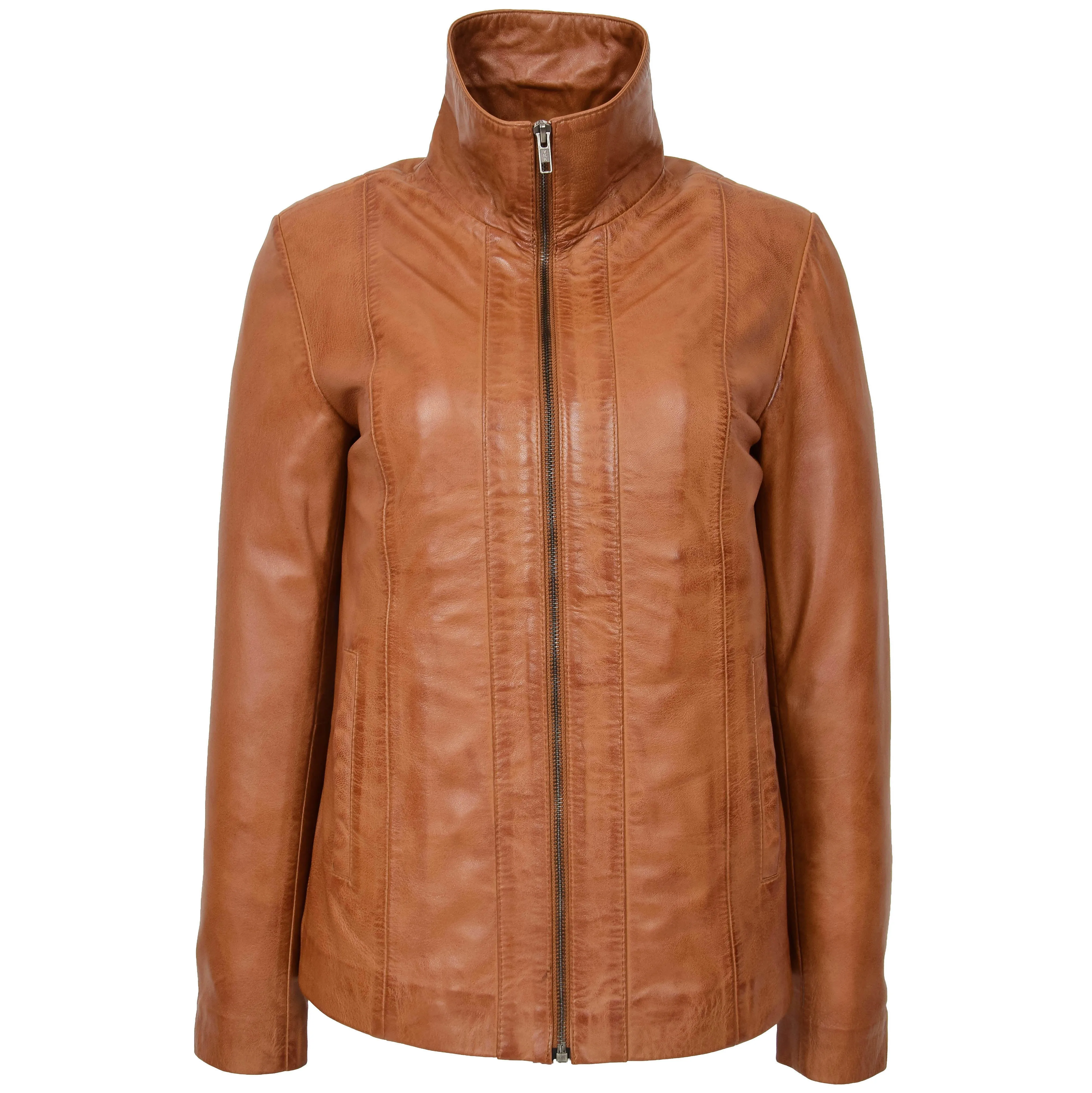 Womens Classic Zip Fastening Leather Jacket Julia Tan