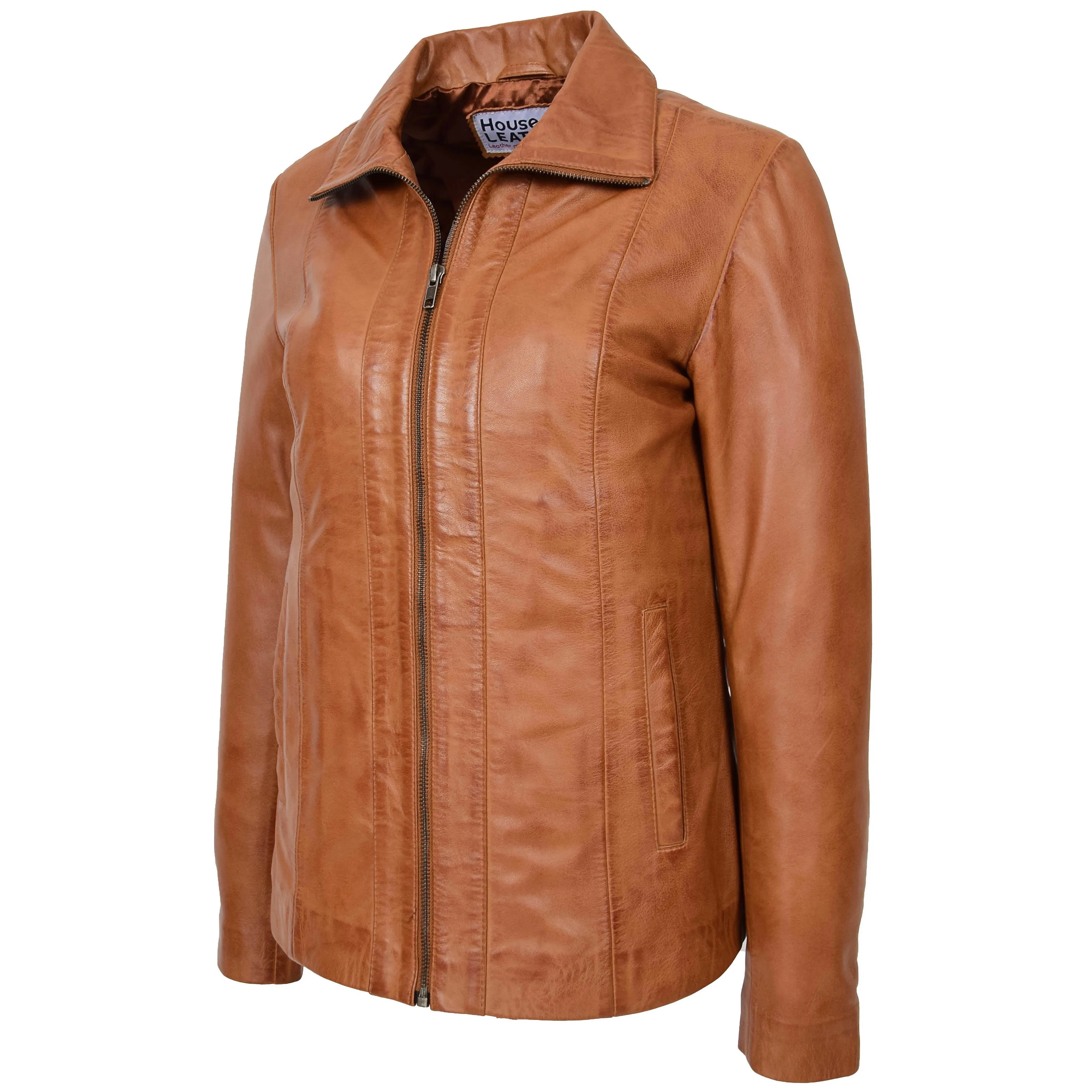 Womens Classic Zip Fastening Leather Jacket Julia Tan