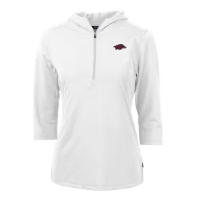 Women's Cutter & Buck White Arkansas Razorbacks Virtue Eco Pique 3/4 Sleeve Half-Zip Pullover Hoodie