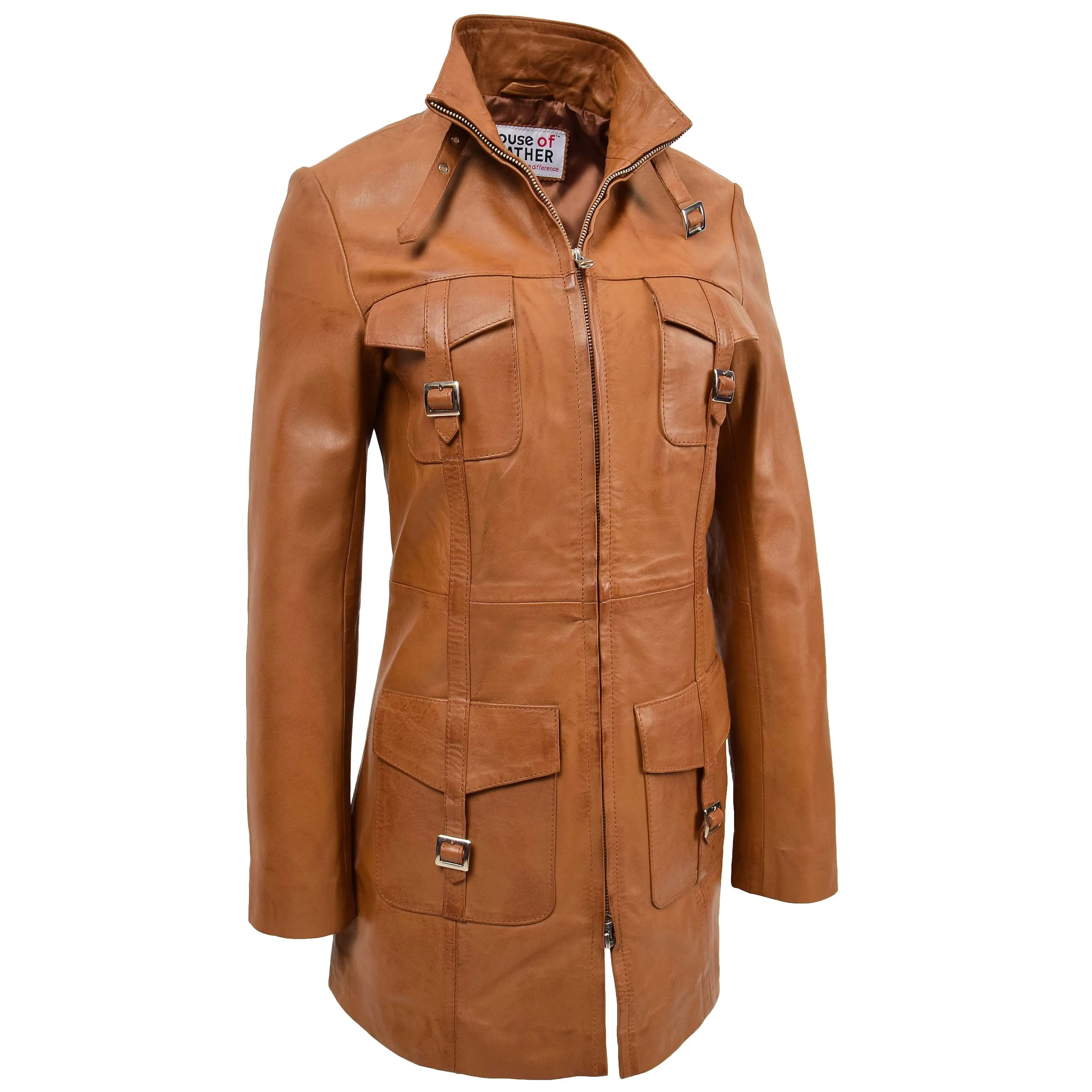 Womens Leather Dual Zip Fastening Jacket Kendall Tan