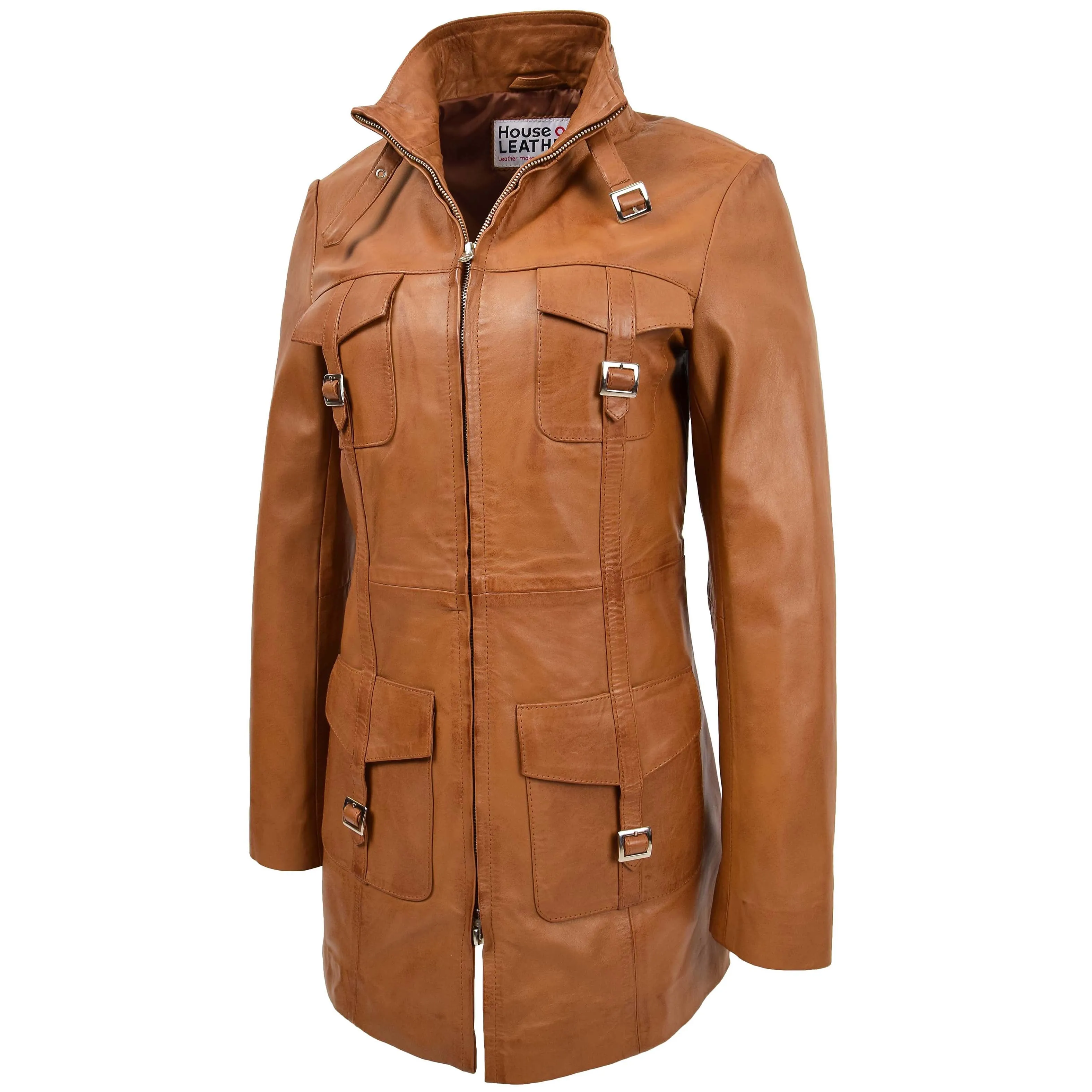 Womens Leather Dual Zip Fastening Jacket Kendall Tan