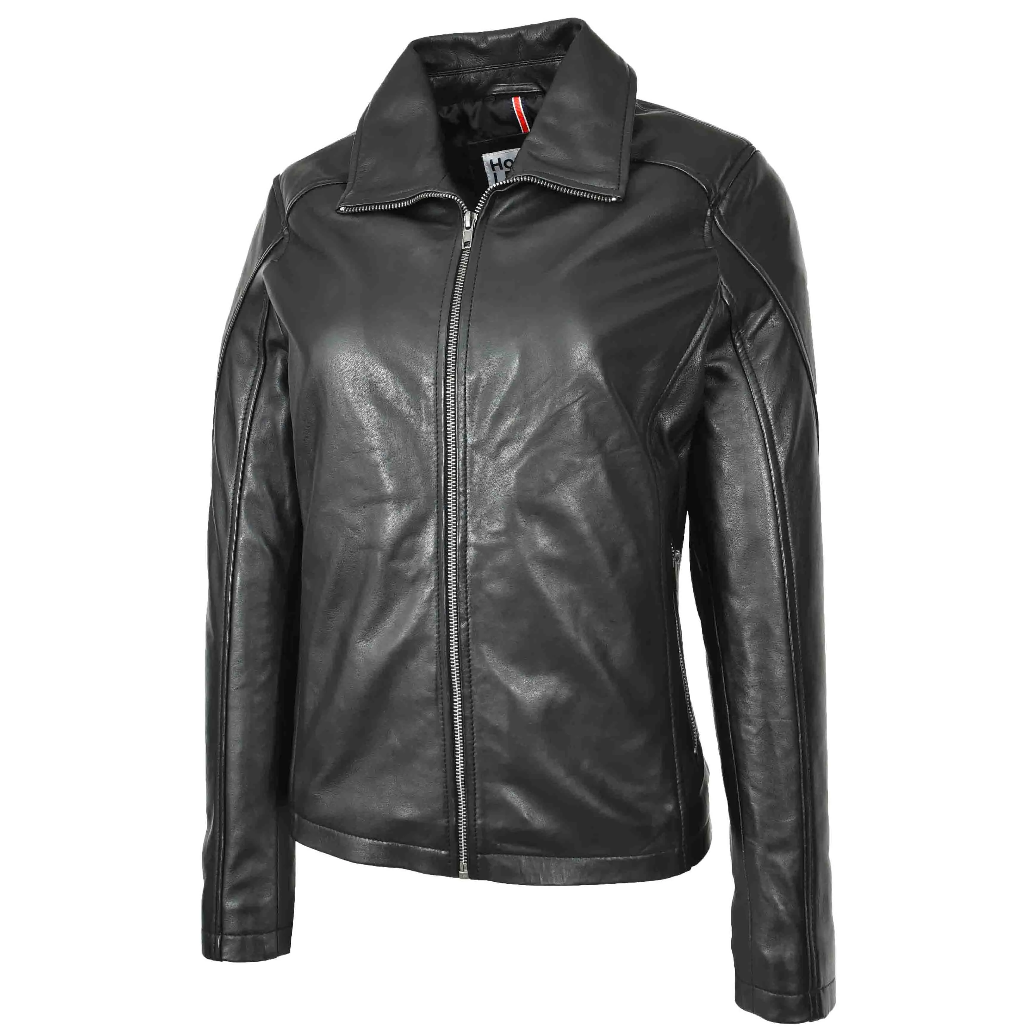 Womens Real Leather Classic Jacket Zip Box Style Camila Black