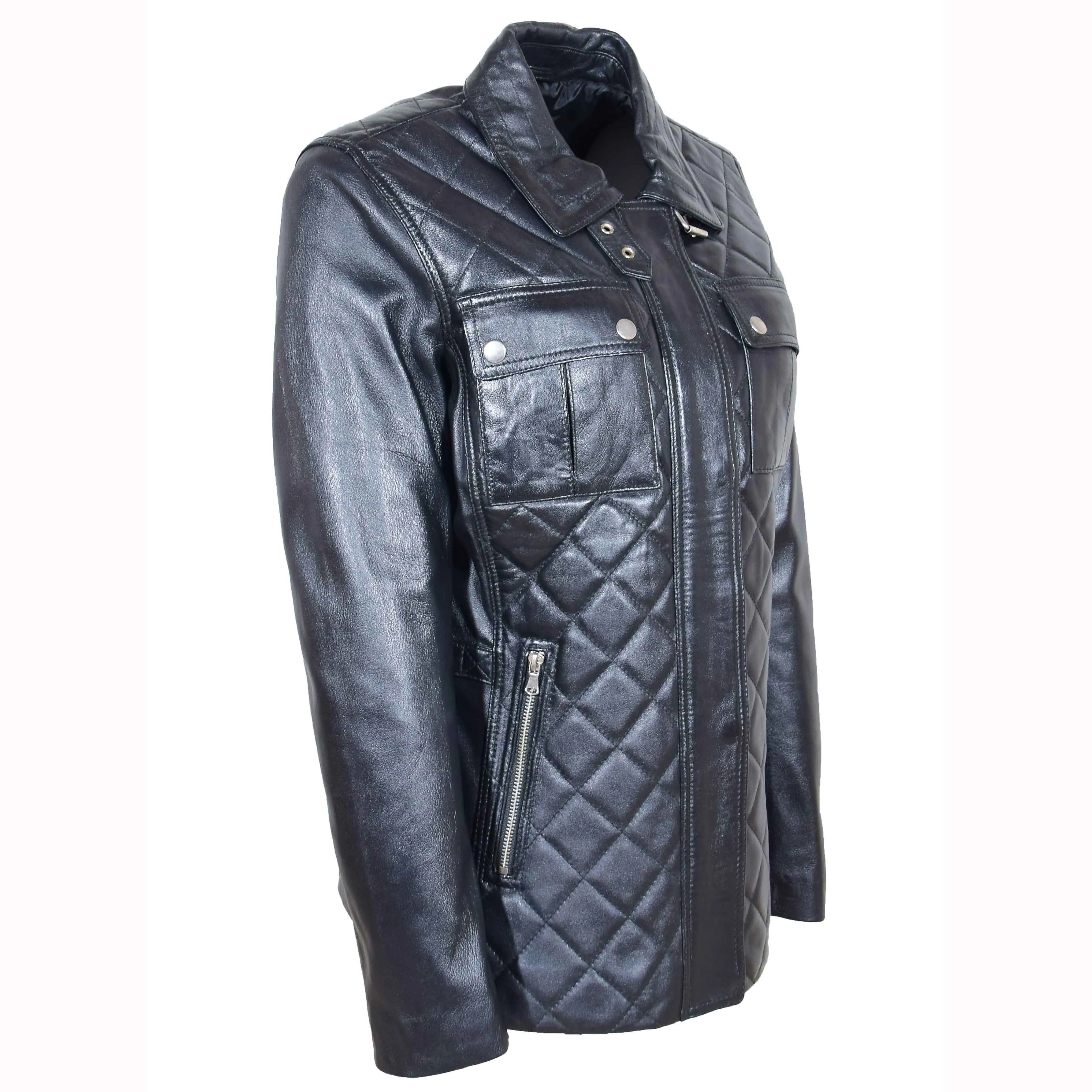 Womens Real Leather Modern Jacket Zip Pockets Quilted ZINA Black