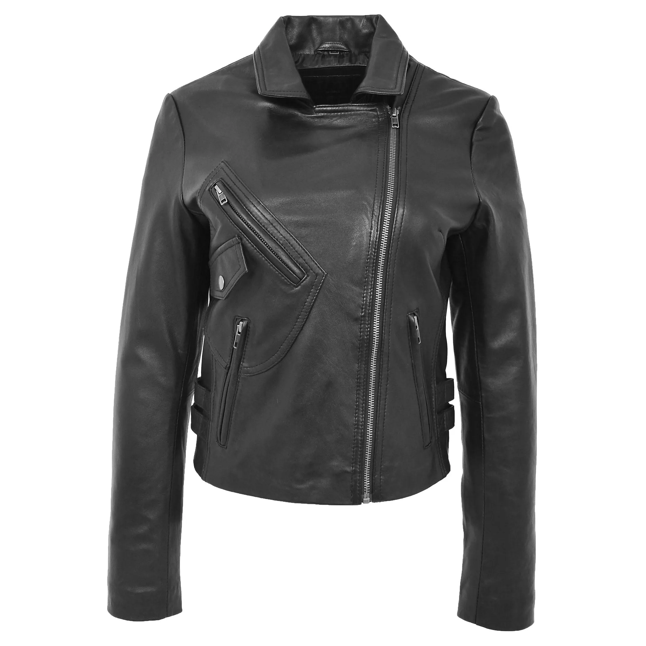 Womens Soft Leather Cross Zip Casual Jacket Jodie Black