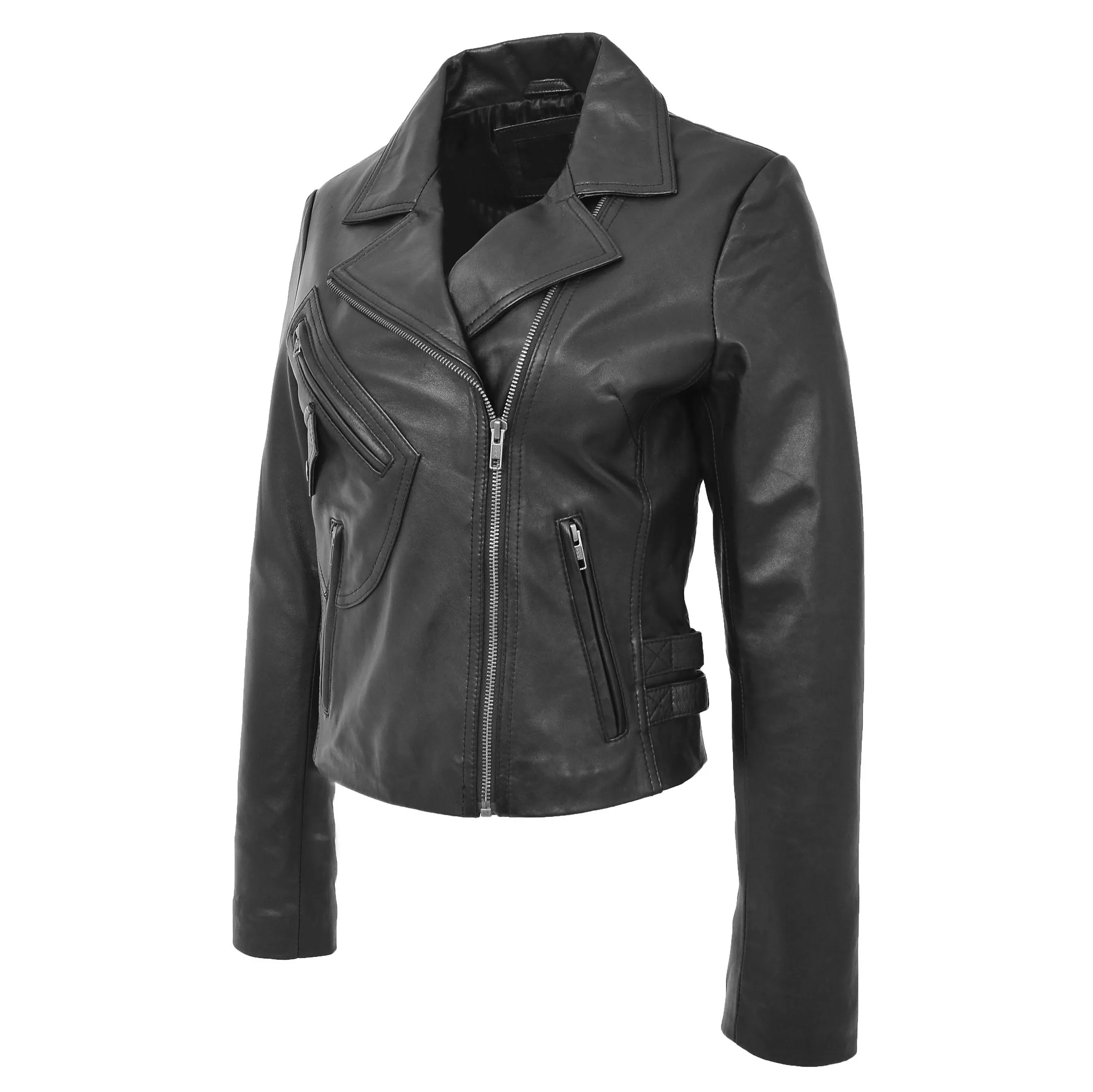 Womens Soft Leather Cross Zip Casual Jacket Jodie Black