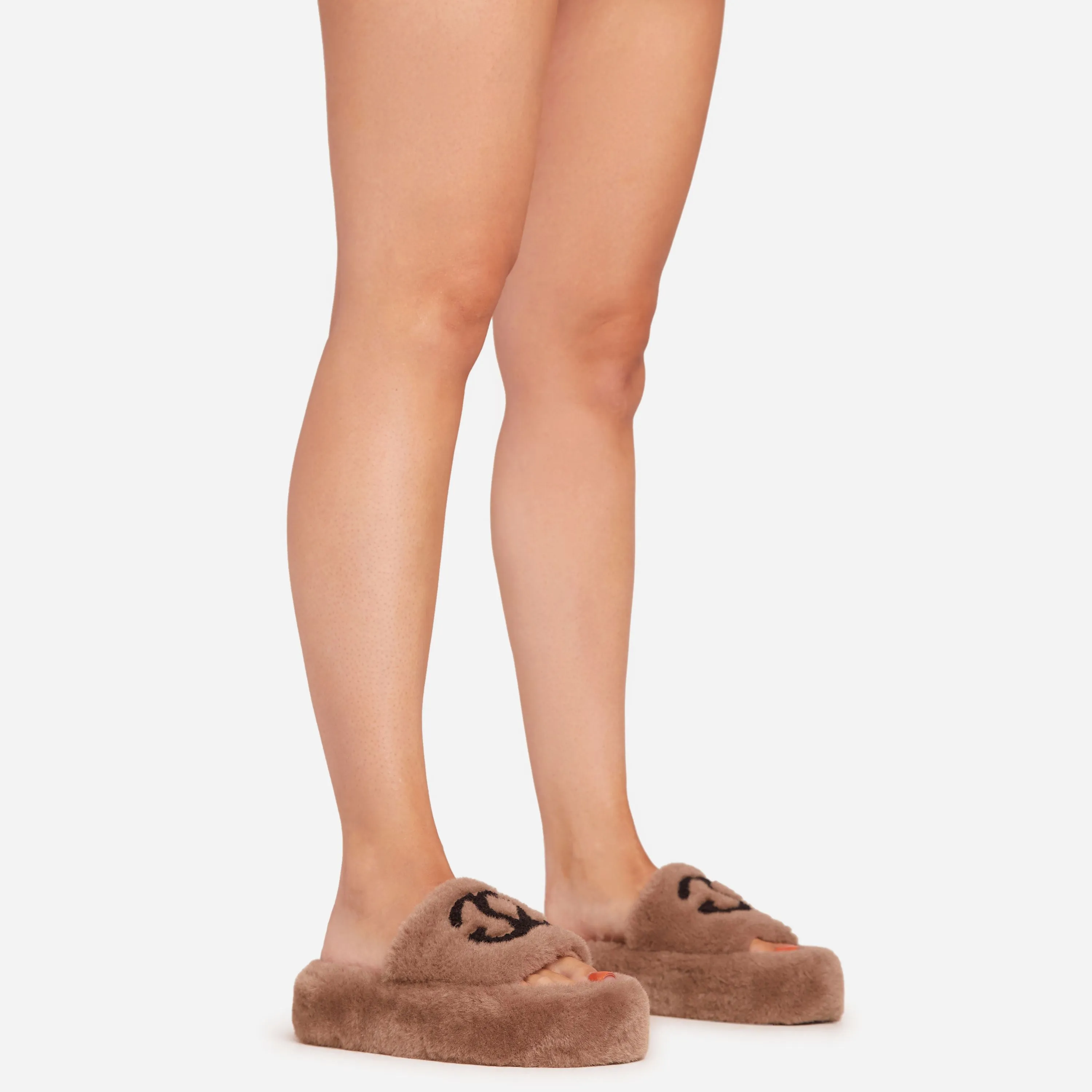 Zopa Logo Detail Flat Slipper In Brown Faux Fur